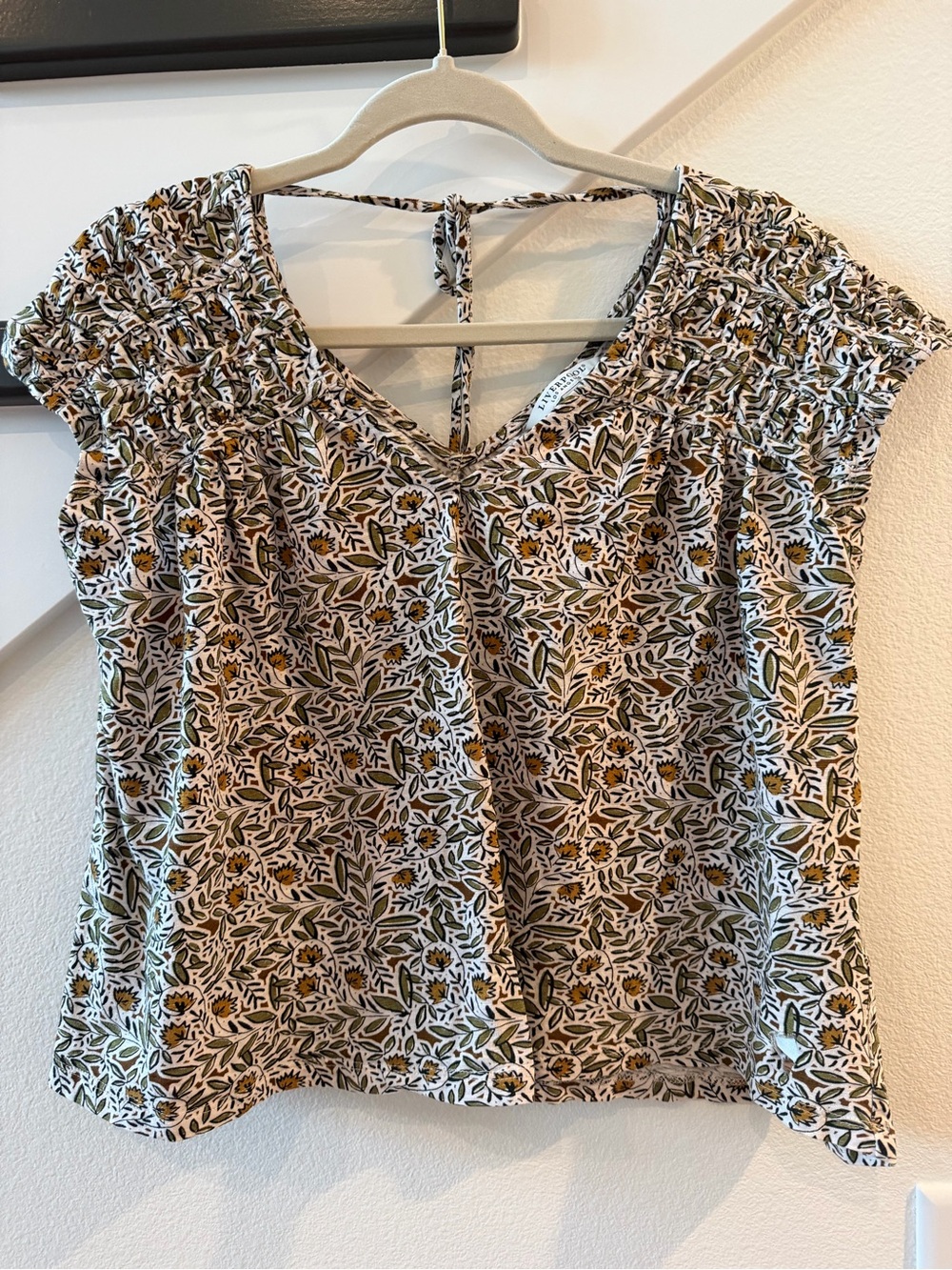 Liverpool White Floral V-Neck Blouse with Green Leaves and Yellow Accents